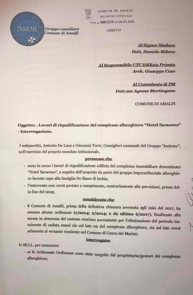 hotel saraceno interrogazione di De luca 
