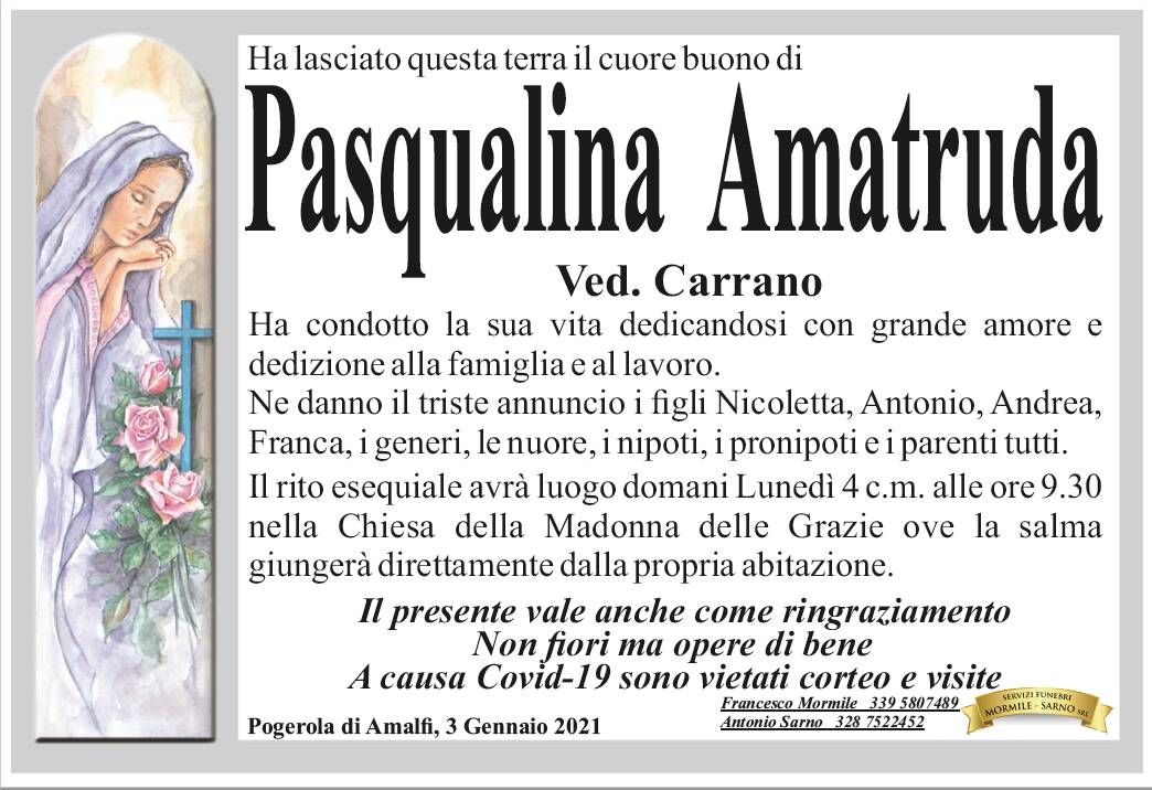 Pogerola di Amalfi in lutto: ha lasciato questa terra il cuore buono di Pasqualina Amatruda, vedova Carrano