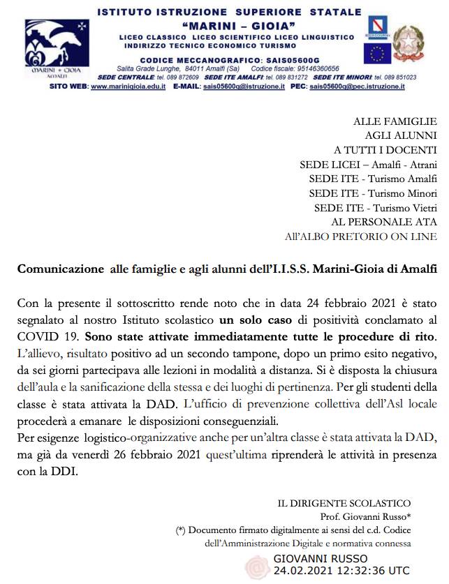 Alunno positivo al "Marini-Gioia" di Amalfi. Sanificazione e Dad per la classe