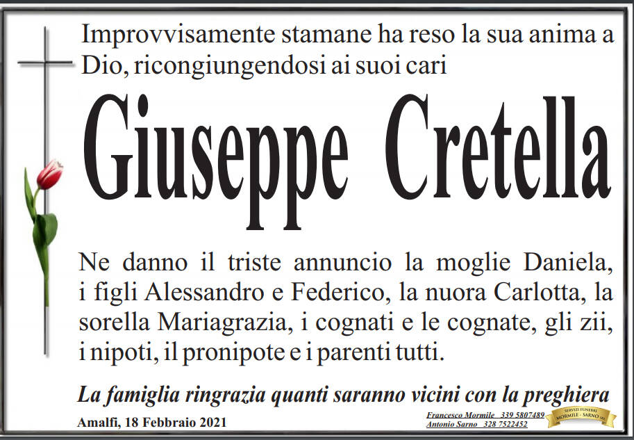 Amalfi piange l'improvvisa scomparsa di Giuseppe Cretella 