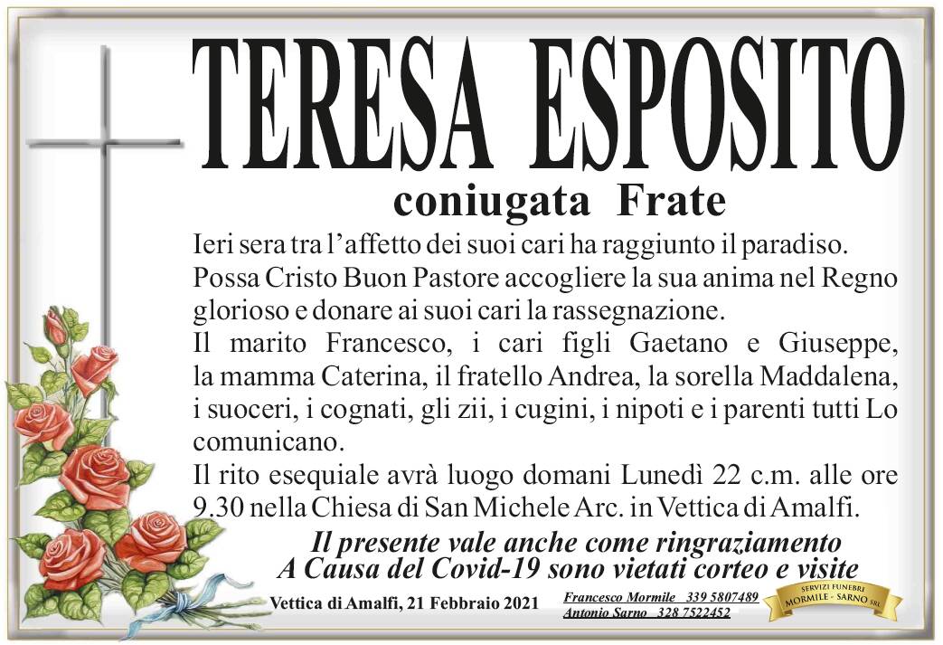 Vettica di Amalfi: Teresa Esposito, coniugata Frate, ha raggiunto il Paradiso