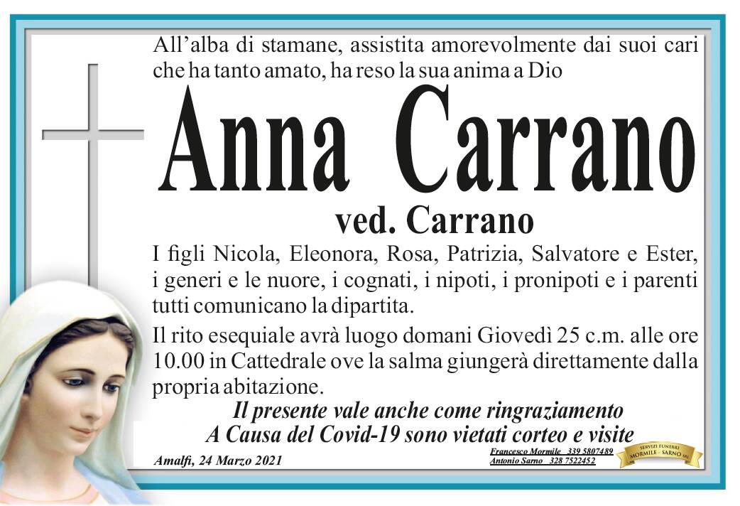 Amalfi, Anna Carrano ha reso la sua anima a Dio