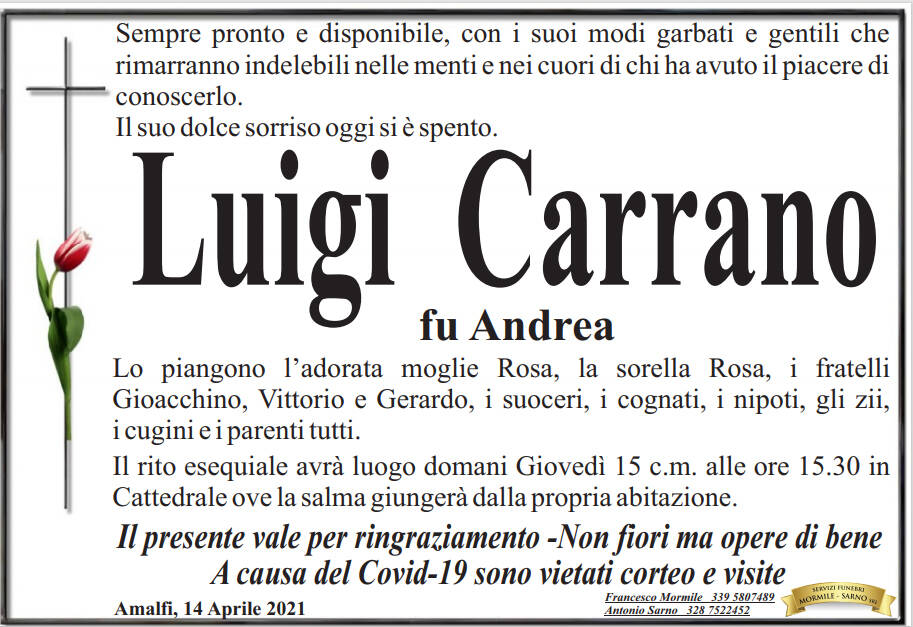 Amalfi piange la scomparsa di Luigi Carrano fu Andrea