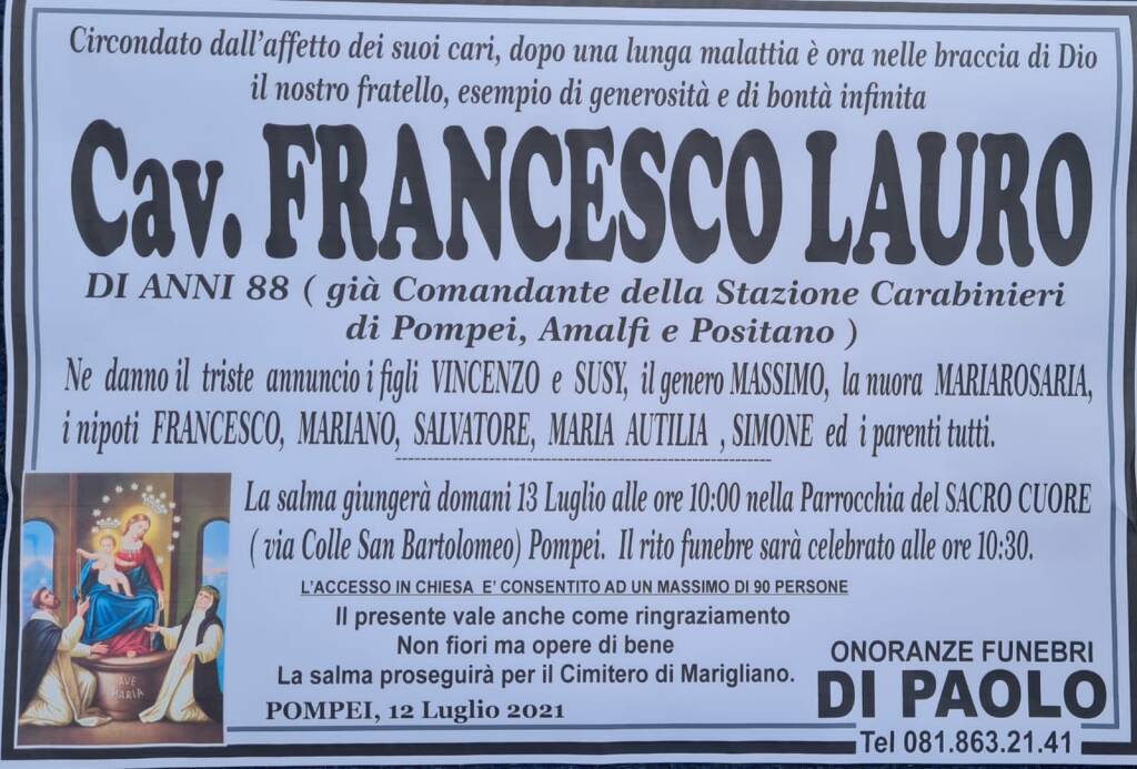 All'età di 88 anni ci ha lasciato il Cav. Francesco Lauro, Comandante dei Carabinieri di Pompei, Positano ed Amalfi