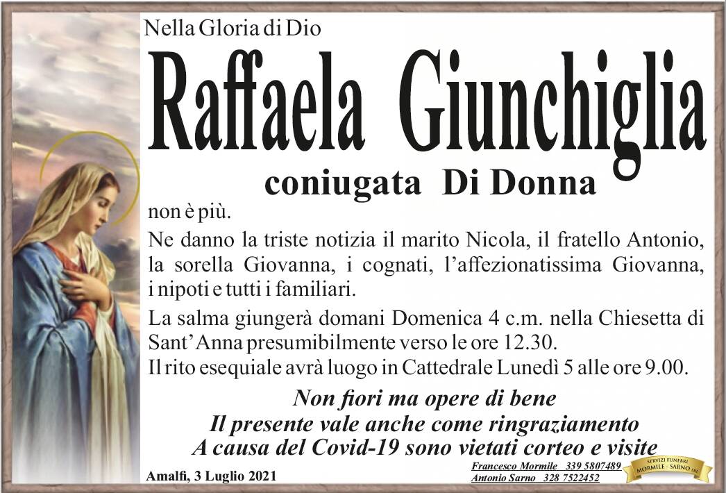 Amalfi piange Raffaele Giunchiglia, coniugata Di Donna